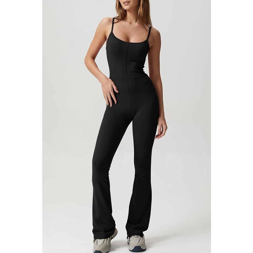 Qinsen Black Flare Yoga Sleeveless Jumpsuit Unitard Pilates Onesie Athleisure M - Picture 2 of 8
